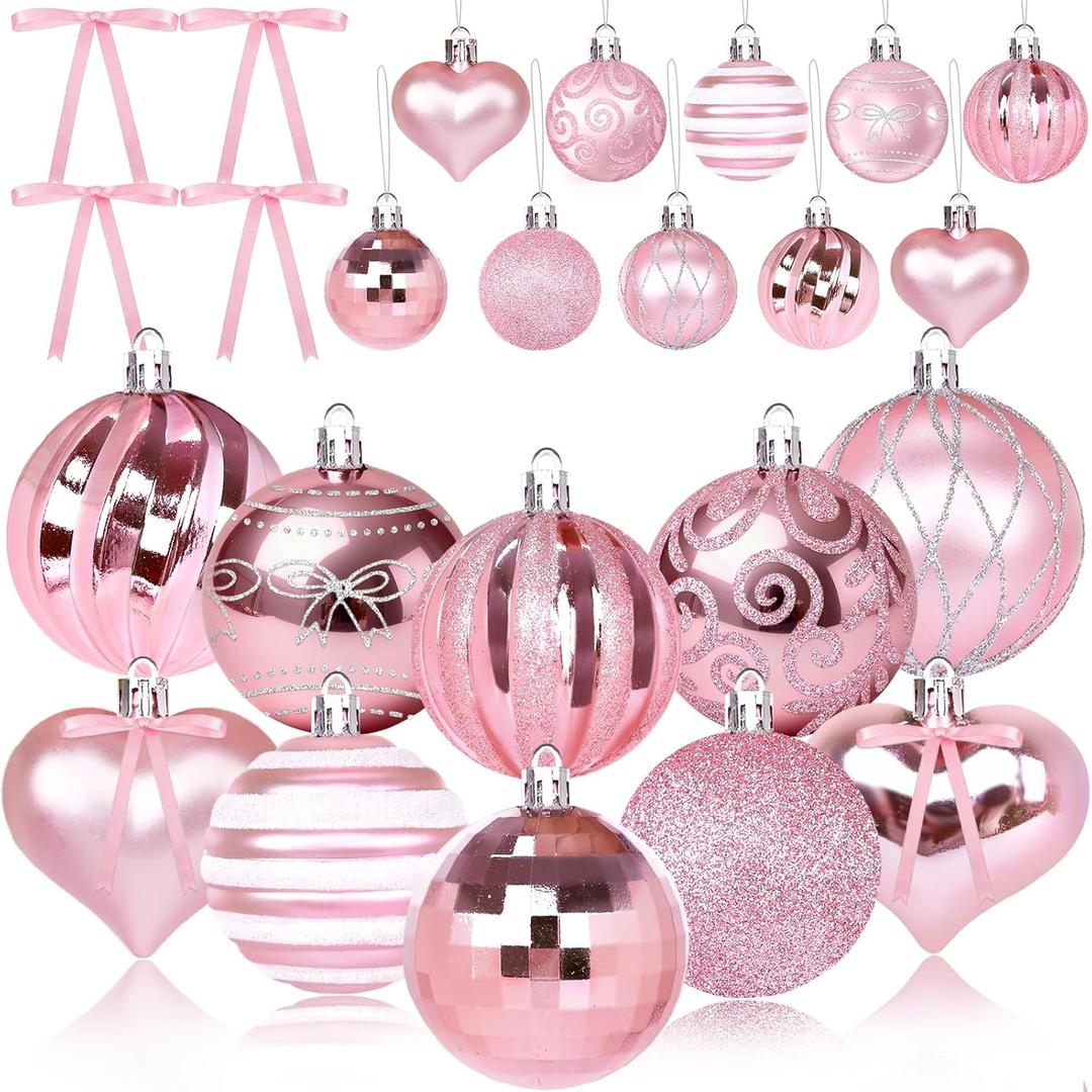 20 Pcs Christmas Ball Ornaments Pink Christmas Ornaments Glittering Plastic Hanging Decorations with 10Pcs Pink Bows Christmas Tree Decorations