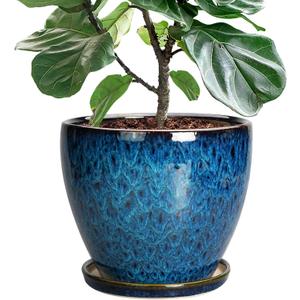 10 Inch Ceramic Planter Pot Round Plant Pot for Indoor Plants Outdoor Large Flower Pot with Drainage Hole and Saucer Blue