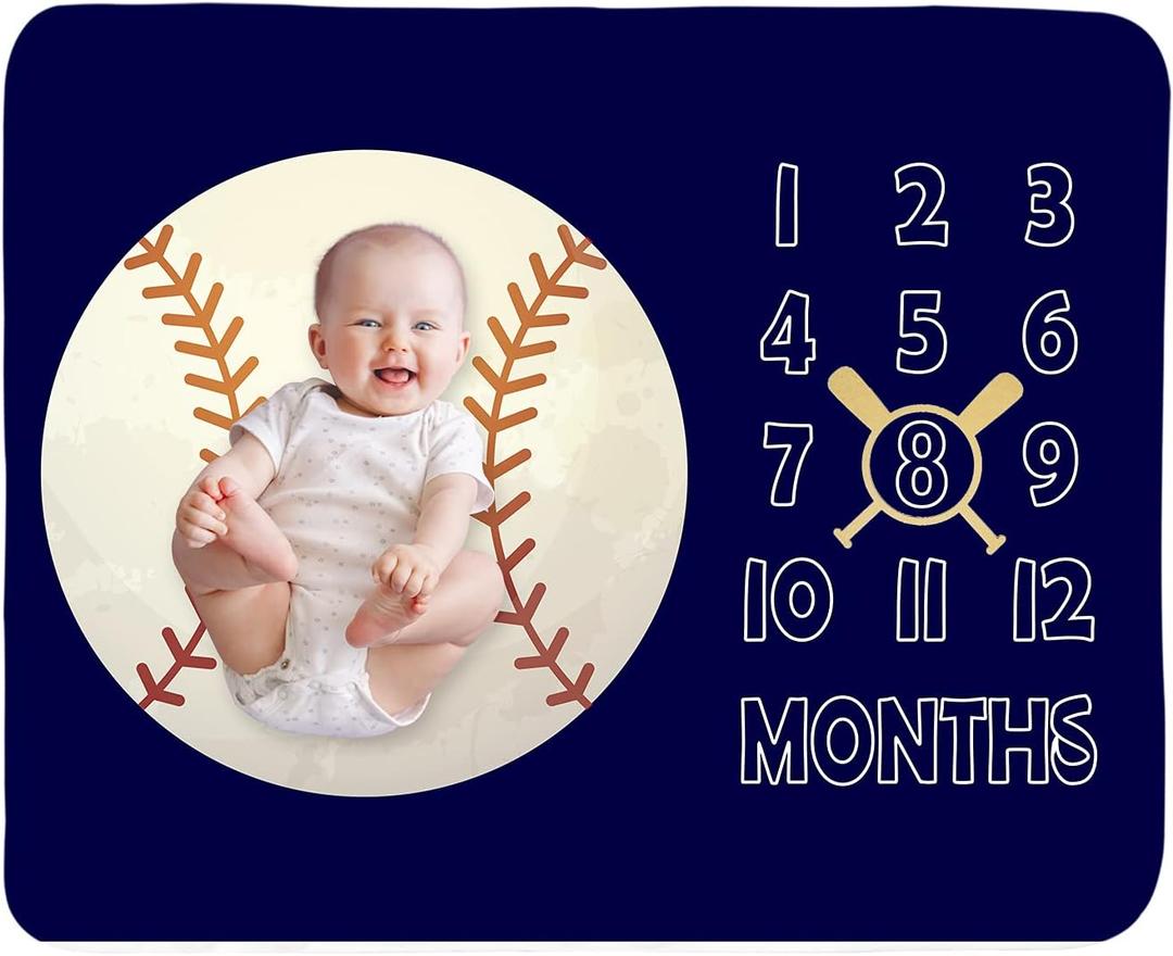 Baby Monthly Milestone Blanket Boy - Newborn Month Blanket Unisex Neutral Personalized Shower Gift Baseball Sports Nursery Decor Photography Background Prop with Frame Large 51''x40''