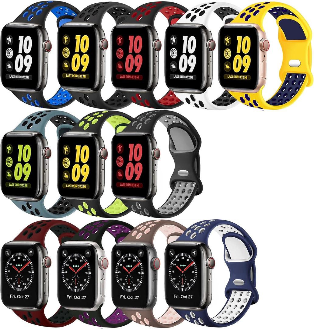 12 Pack Compatible with Apple Watch Band 40mm 41mm 42mm 44mm 45mm 46mm 49mm 38mm, Breathable Soft Silicone Sport Replacement Strap Men Women for iWatch Series 11/10/9/8/7/6/5/4/3/2/1/SE/Ultra