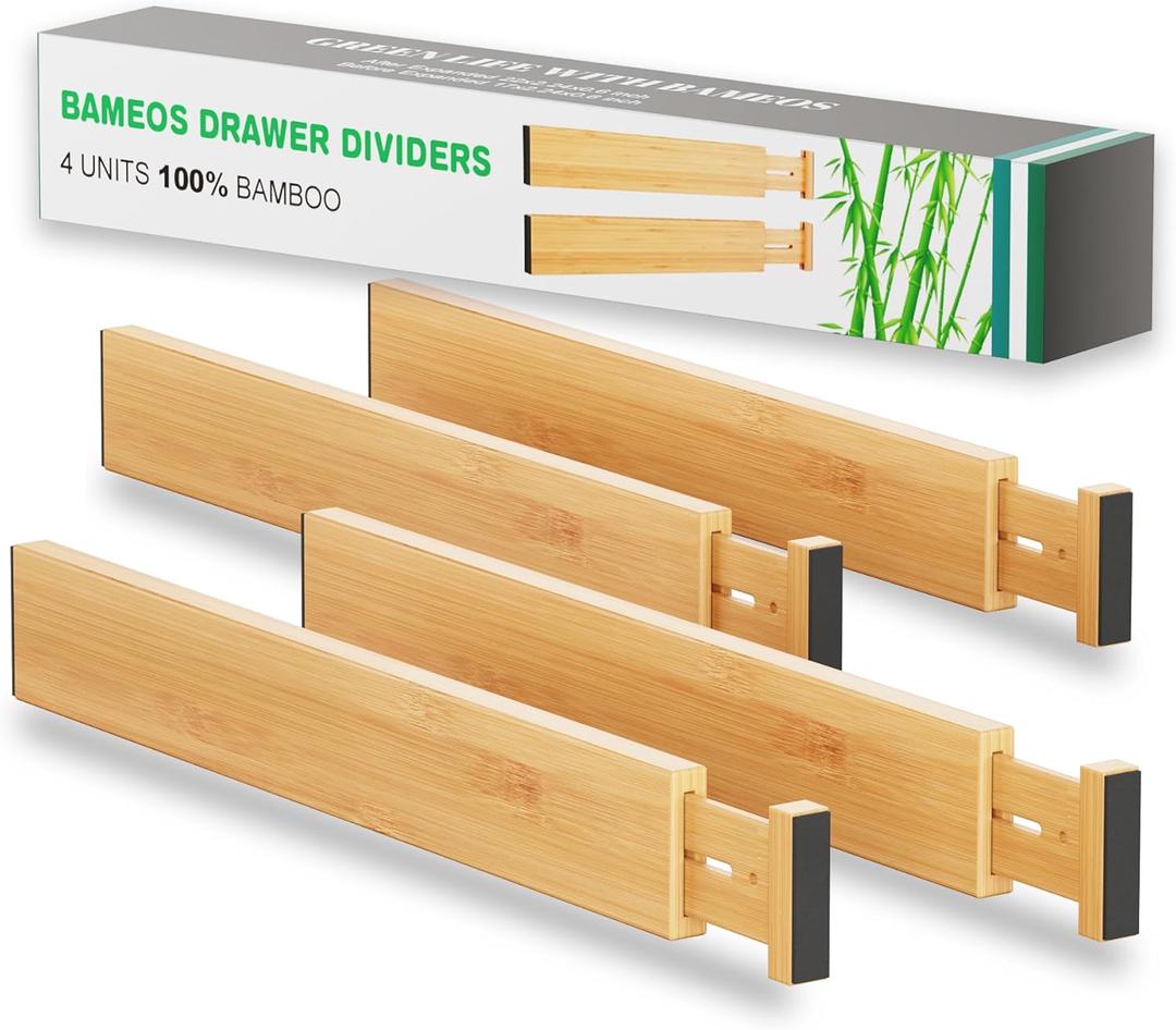 BAMEOS Drawer Dividers kitchen Organization Bamboo Utensil Organizers for Kitchen Bedroom Bathroom Dresser Office 4-pack (2''H, 16.65''-22''L, Natural)