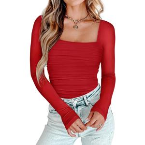 PINKMSTYLE Womens Square Neck Mesh Long Sleeve Bodysuit Shapewear Corset Tops Sexy Concert Outfits Party Shirts (Medium, Red)