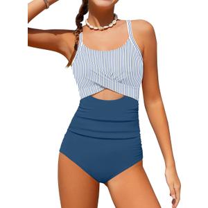 Girl Swimsuit One Piece Cutout Ruched Bathing Suit for Girls Color Block Adjustable Straps Pad Swimwear (8-10 Years, Blue Stripes)