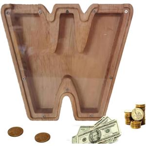Wooden Letter Piggy Bank, Cute 26 Alphabet Money Bank, Personalized Bills and Coins Bank Money Box, Cash Saving Bank for Adults Boys Girls Best Gift (W)