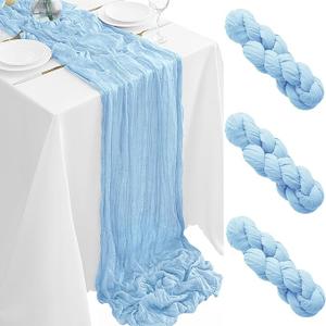 3Pack Baby Blue Cheesecloth Table Runner 35x120Inch Cheese Cloth Table Runners 10FT Boho Gauze Rustic Sheer Table Runner for Party Wedding Bridal Shower Baby Shower Decorations Boy Party Decor