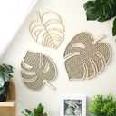 3 Pcs Wooden Rattan Palm Tree Wall Decor Monstera Leaf Wooden Boho Art Tropical Plant Rattan Wall Decor for Home Bathroom(Wood Color)