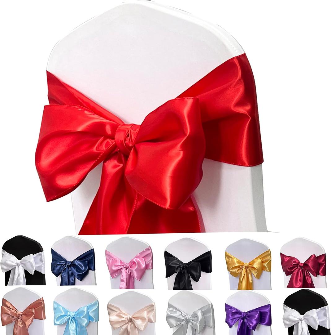 Satin Chair Sashes Bows-50PCS Chair Ribbon Ties Back Sash for Wedding Party Events Banquet Chair Cover Decoration (Red)