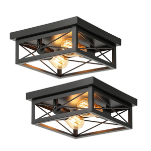 2-Light Industrial Square Flush Mount Ceiling Light, Farmhouse Ceiling Light Fixture for Kitchen, Modern Black Close to Ceiling Light for Hallway Bedroom Balcony Porch Stairway, E26, 2-Pack