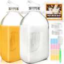 2 Pack 64 Oz Glass Milk Bottles with Nut Milk Bag & 2 Pour Spout & 2 Airtight Lids & Brush- 1/2 Gallon Heavy Duty Jug Pitcher Large Reusable Container for Milk, Juice, Water, Coffee for Refrigerator