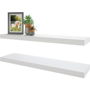 BAMEOS Floating Shelves, 35 in W x 7in D White Wall Mounted Wooden Shelves with Invisible Brackets Set of 2, Hanging Wall Shelves Decoration for Bedroom and Kitchen