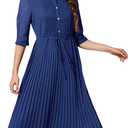 Women V Neck 3/4 Sleeve Pleated A-Line Dress with Belt Swing Midi Dresses for Spring Summer Autumn, L
