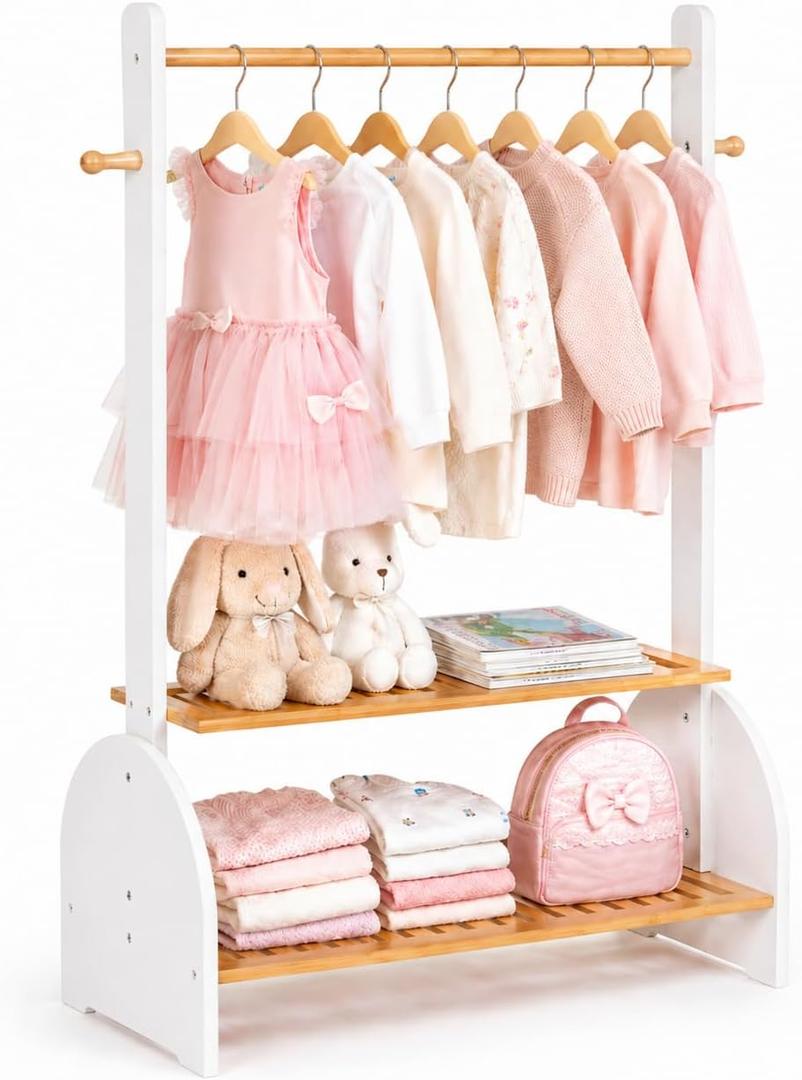 BAMBOOHOMIE Kids Clothing Rack with Adjustable Rods, Children Clothes Garment Rack for Kids Baby Pet, Kids Dress Up Rack with 2 Bottom Shelves, Kids Wardrobe Closet for Toddlers Nursery (White)