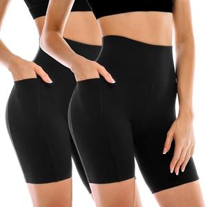 Leafigure 2 Pack Womens Biker Shorts with Pockets, High Waisted Tummy Control Yoga Shorts for Women Running Gym and Workout Black, L-XL