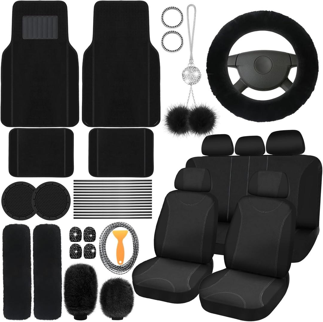 Woanger 47 Car Seat Cover Full Set for Women Included Car Front Rear Seat Fluffy Steering Wheel Cover Belt Automotive Floor Mats Air Conditioner Decoration Strip Universal(Black)