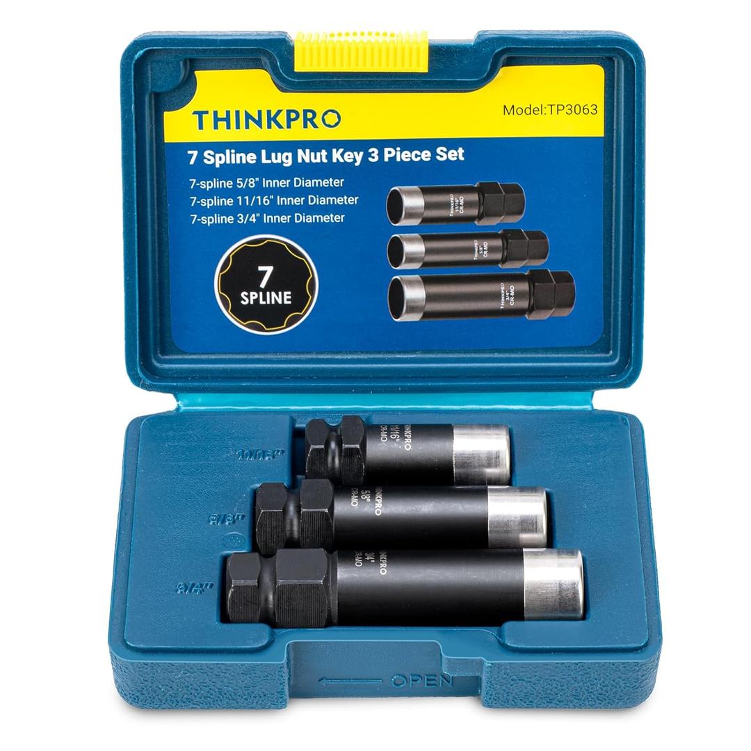 7 Spline Lug Nut Socket Set,3 Piece Lug Nut Key Kit 5/8" 11/16" 3/4" for M14x1.5, M14x1.5, M14x2 Tuner Lug Nuts Removal Tool Kit with Hard Case,Double Layer Reinforcement,Cr-Mo Steel (3 Piece Set)