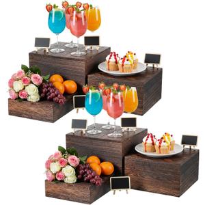 6 Pcs Vintage Brown Square Wooden Cake Stands, Rustic Wood Cake and Cupcake Stands, Table Wooden Stackable Display Stand Box for Catering Dessert Collectibles Jewelry Figures Show