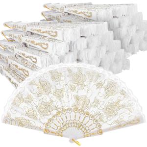 Maitys 70 Pcs Lace Floral Hand Fans Retro Elegant Chinese Folding Fan White Vintage Bridal Handheld Dancing Fan Props for Wedding Party Church Ladies Girls Favors (Gold)
