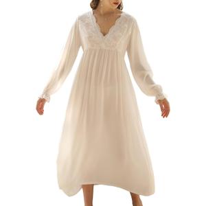 Lu's Chic Women's Long Sleeve Nightgown Cotton Pajama Dress Sleep Victorian Night Gown V Neck (Medium, A White O1)