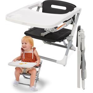 PrimoBaby SproutSeat Booster Seat for Kitchen Chair - Portable Folding Design, Travel Baby Beach Essentials, with 3-Point Safety Harness, Adjustable Tray, Dishwasher Safe Tray, Baby Floor Seat (Black & White)