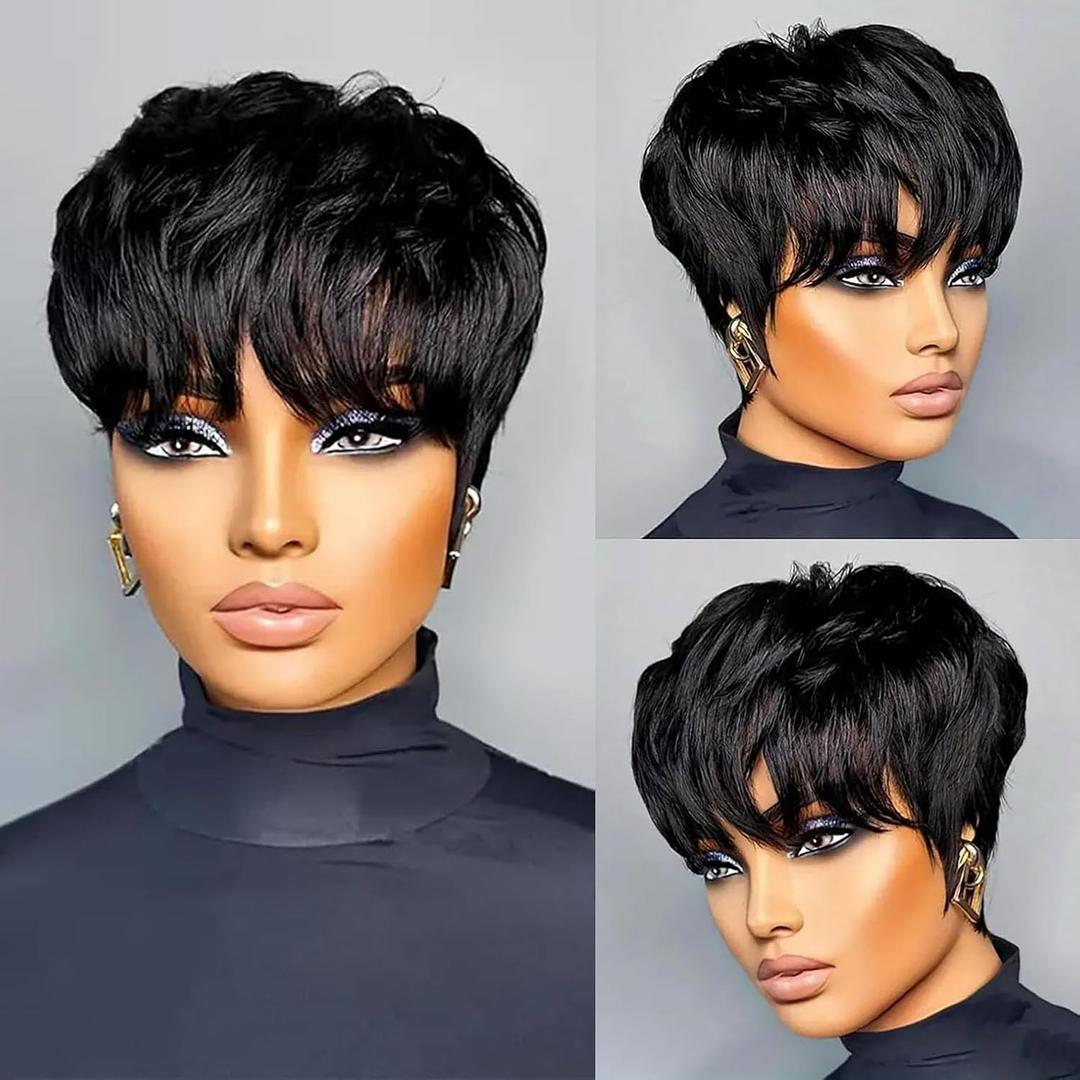 Short Pixie Cut Wigs for Black Women Glueless Pixie Cut wig Human Hair Short Layered Brazilian Virgin Human Hair Wig for Women Color 1B# Full Machine Made,  Color 002#