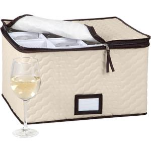 Wine Glass Storage Box with Dividers - Holds 12 Glasses up to 3.75" Wide - Stemware Storage Case - Protects Fine China - Durable Quilted Microfiber Bin with Carry Handles - Ideal for White Wine (Beige)