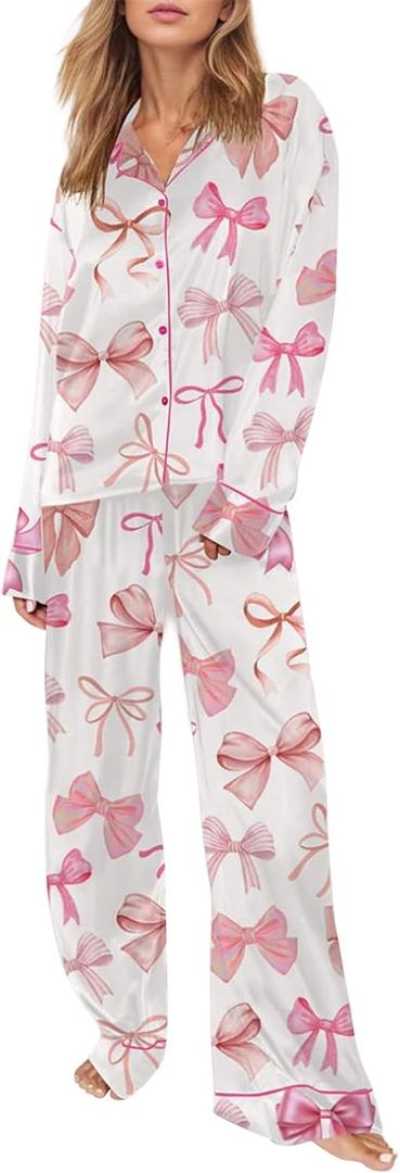 Piacakece Women 2 Piece Satin Pajama Set Cute Bow Print Long Sleeve Shirt Loose Shorts Matching Set Loungewear (Small)