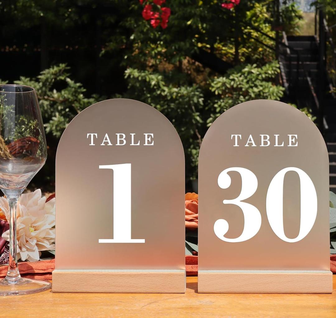 ORGANTEAM Wedding Table Numbers 1-30, Acrylic Arch Signs with Natural Wood Stands Holders, Rustic Table Decor for Reception & Parties (Frosted White)
