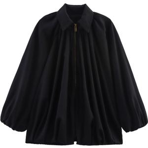 WOWULOVELY Women's Puffed Bomber Jacket Oversized Lapel Collar Streetwear Coat Long Casual Batwing Sleeve Zip Pleated Shirts (Black)