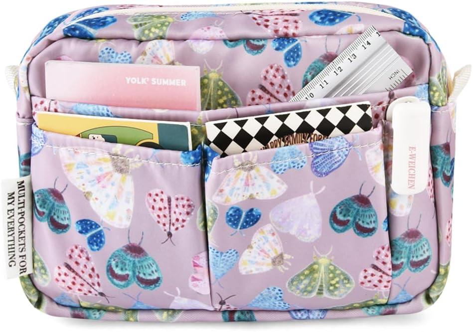 E-WEICHEN Multiple Pockets Portfolio Organizer with Zippered, Makeup Bag Travel Essentials for Women, Simple Waterproof Stationery Pencil Pouch Bag for Journal Office Art Supplies, Purple Moth