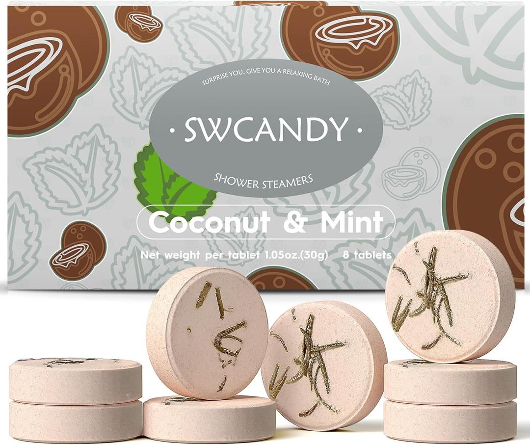 SWCANDY Shower Steamers Aromatherapy Birthday Gifts for Women Travel Essentials, 8 Pcs Coconut Mint, Bath Bombs Shower Bombs with Natural Essential Oils, Relaxation Home SPA