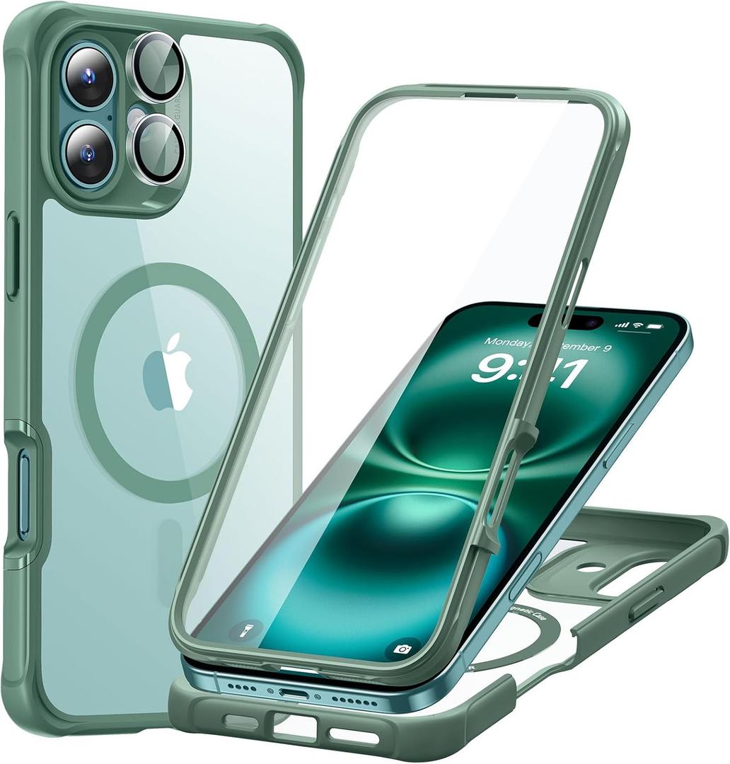 ESR for iPhone 16 Case, Compatible with MagSafe, Full-Body Military-Grade Drop Proof Case with Built-in 9H+ Tempered Glass Screen Protector, Armor Series, Clear Green