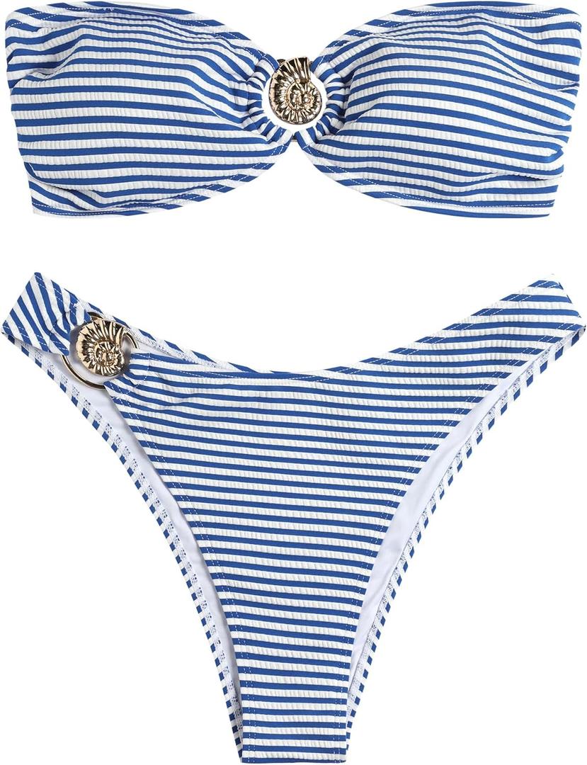 ZAFUL Women's Bandeau Bikini O Ring Strapless Tie Back High Cut Two Piece Swimsuit Bathing Suits (S)