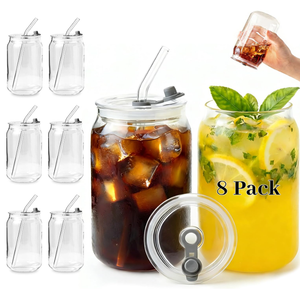 Leakproof Glass Cups with Plastic Lids and Straws, 16oz Iced Coffee Cup, Drinking Glasses Tumbler for Water, Boba Tea, Smoothie - 4pcs