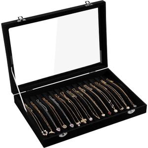 Frebeauty 15 Hooks Necklace Tray Velvet Neckalce Organizer with Clear Lid Lockable Necklace Holder Box Jewelry Organizer for Pendants Chains Necklace Jeweley Tray for Women Girls(Black)