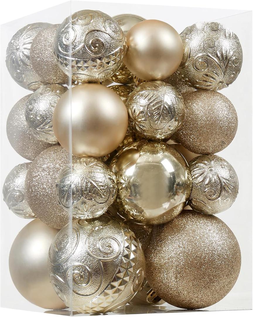 Christmas Ball Ornaments - 30pcs Shatterproof Christmas Ornaments Set Plastic Hanging Christmas Decorations for Xmas Tree Holiday Party Decor, 6 Styles in 4 Sizes (Champagne)