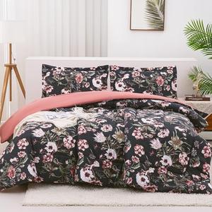 Mooreeke Floral Queen Size Comforter Sets, Black Pink Vintage Botanical Flower Printed Bedding for All Seasons, 3-Piece Vintage Bed in a Bag with Fluffy Quilted Reversible Comforter & 2 Pillow Shams