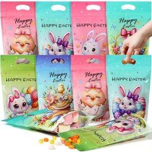 Honeydak 100 Pcs Happy Easter Sealing Treat Bags, 8.9 x 6.1 Inch Easter Sealed Pouch with Handle Resealable Rabbit Eggs Plastic Bags for Holiday Party Candy Gift Wrapping Supplies Decor