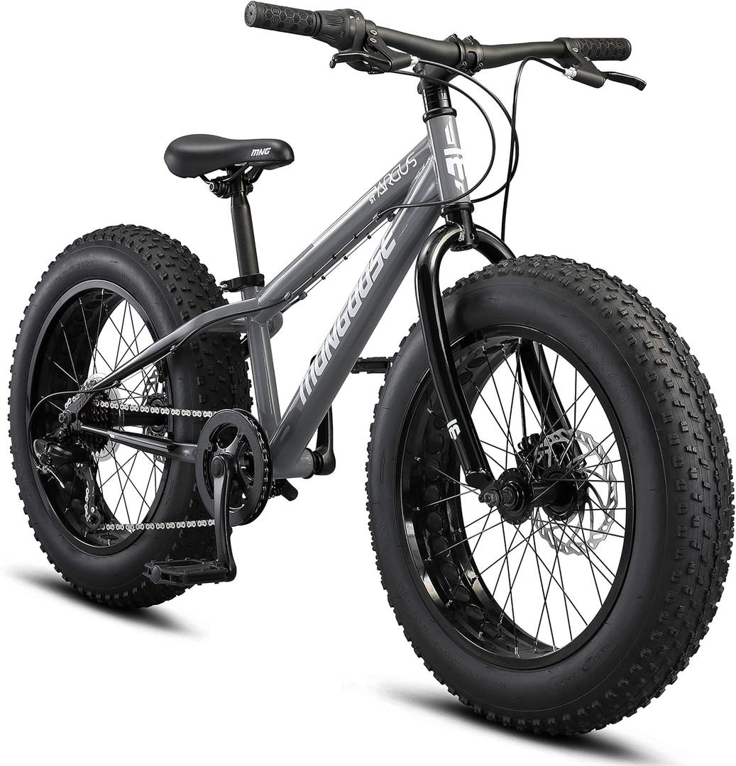 Mongoose Argus ST Fat Tire Mountain Bike for Kids Boys Girls, 20-Inch Wheels, Mechanical Disc Brakes, 10.5-Inch Steel Hardtail Frame, 7-Speed, Grey