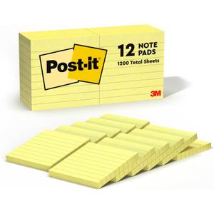 Post-it Notes, 3 in x 3 in, 12 Lined Sticky Notes Pads, 100 Sheets per Pad, The Iconic Canary Yellow Note, New Year Organization or Second Semester School Supplies