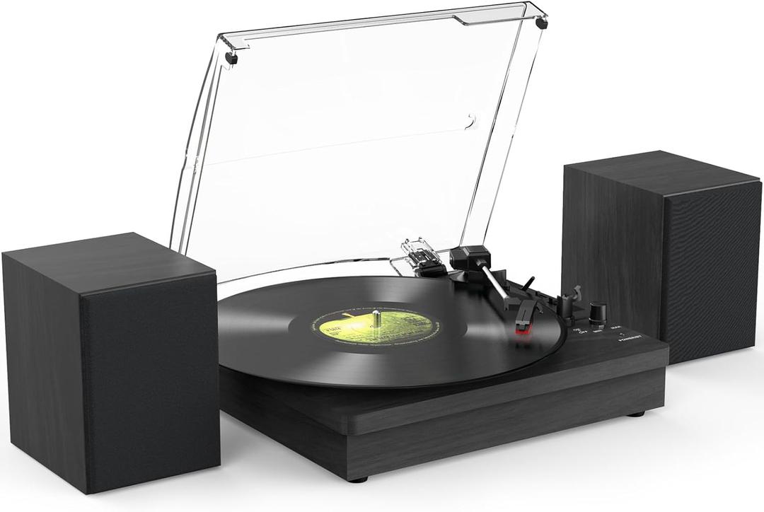 Vinyl Record Player with Two Stereo Speakers, Bluetooth Playback Turntable with 3 Speed AUX Headphone Input and RCA Out, Retro Black
