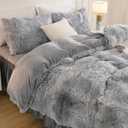 Andency Tie-Dyed Gray White Queen Comforter Set, Fluffy Faux Fur Bed Set