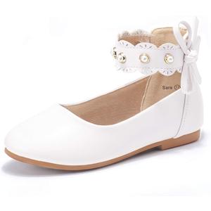 PANDANINJIA Girl's Toddler/ Little Kid Sara Bow Ballerina Flats Pearl Scallop Ankle Strap Dress Ballet Flat Shoes (White Pu, 13 M US Little Kid)