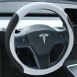 Uxcer Premium Leather Steering Wheel Cover for Tesla Model 3/Y 20162025 2026 Juniper/Highland, NonSlip Breathable Tesla Model 3/Y Steering Wheel Protector, White