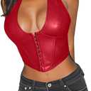 Women's Y2K Leather Halter Top Backless Corset Bustier Top Lace Up Sexy Going Out Crop Tank Halter Neck Party Club, XS