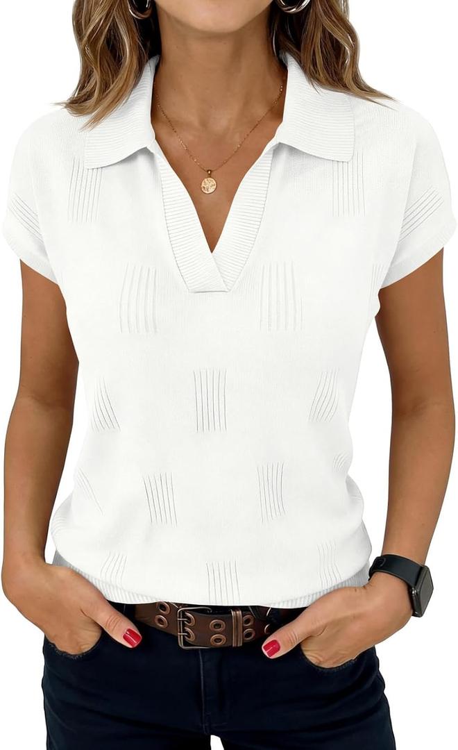 Saodimallsu Womens Short Sleeve Sweater Tops Solid Lapel V Neck Knit Shirt Summer Casual Basic Pullover (White, L)