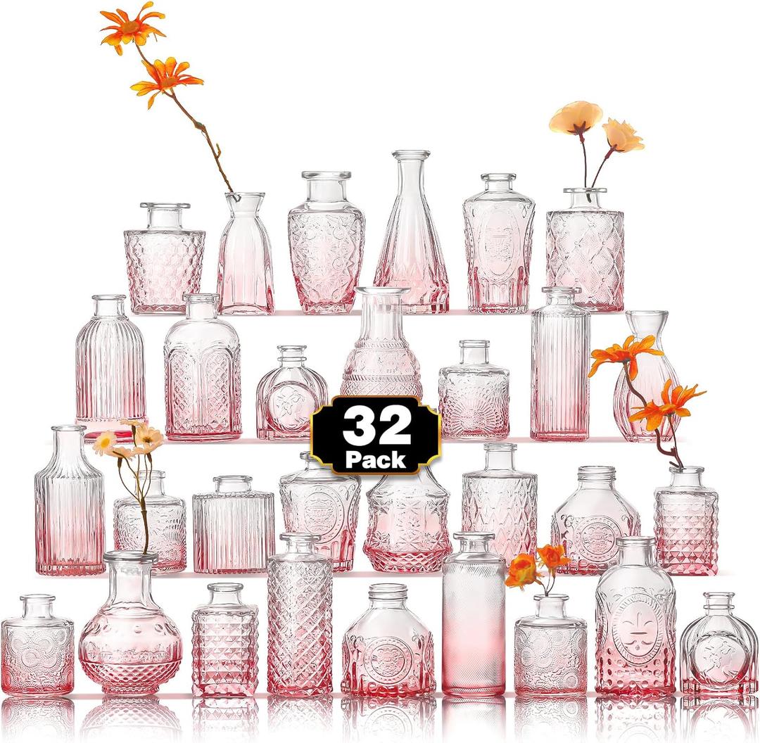 Arme Bud Vase Set of 32, Pink Vases in Bulk Bud Vase for Flower Small Glass Vases for Wedding Centerpieces, Vintage Cute Mini Flower Vase, Home Table Flower Decor