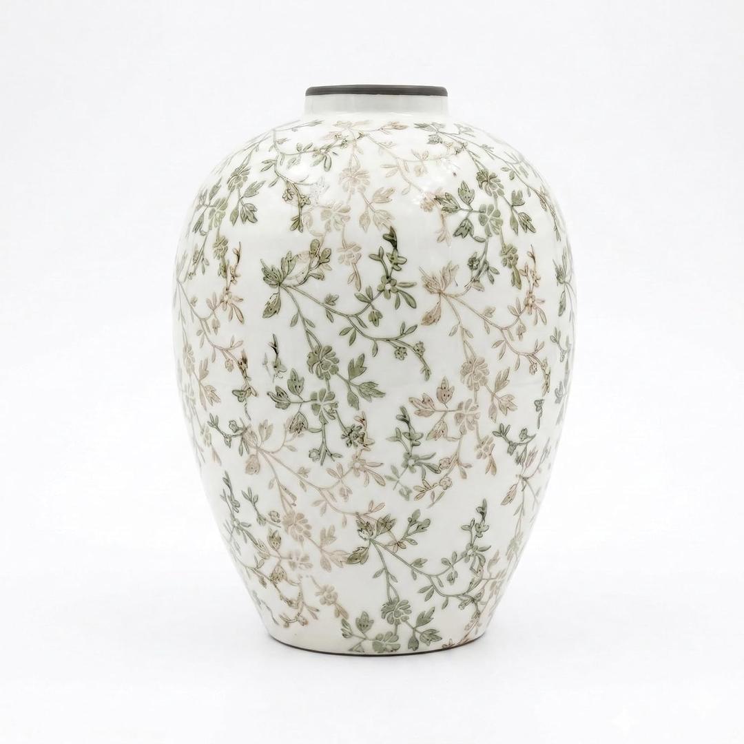 Ceramic Flower Vase, Vintage Ice Crackle Glaze Porcelain Vase for Flower Arrangement, Chinoiserie Style Rustic Farmhouse Vase for Home Table Bookshelf Kitchen Living Room Balcony, 10.5 Inch WhiteGreen