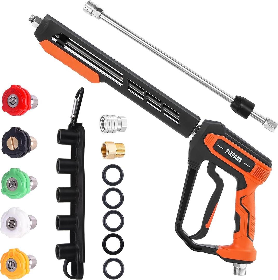 FIXFANS Pressure Washer Gun Kit, 5000PSI Power Washer Handle Gun with Replacement Wand Extension, High Pressure Spray Gun with 5 Nozzle Tips, M22 Fitting, 1/4" Quick Connect Female, 37 Inch