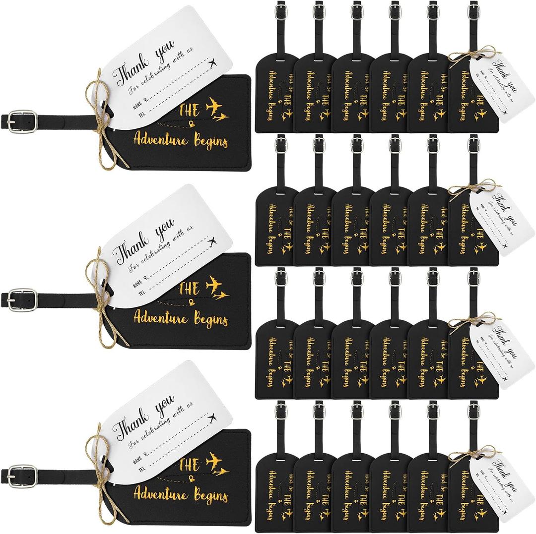 Sweetude 48 Sets Leather Luggage Tag Bulk and So The Adventure Begins Luggage Tags with Name Card for Wedding Bridal Shower Bachelorette Honeymoon Travel Graduation Gifts(Black)