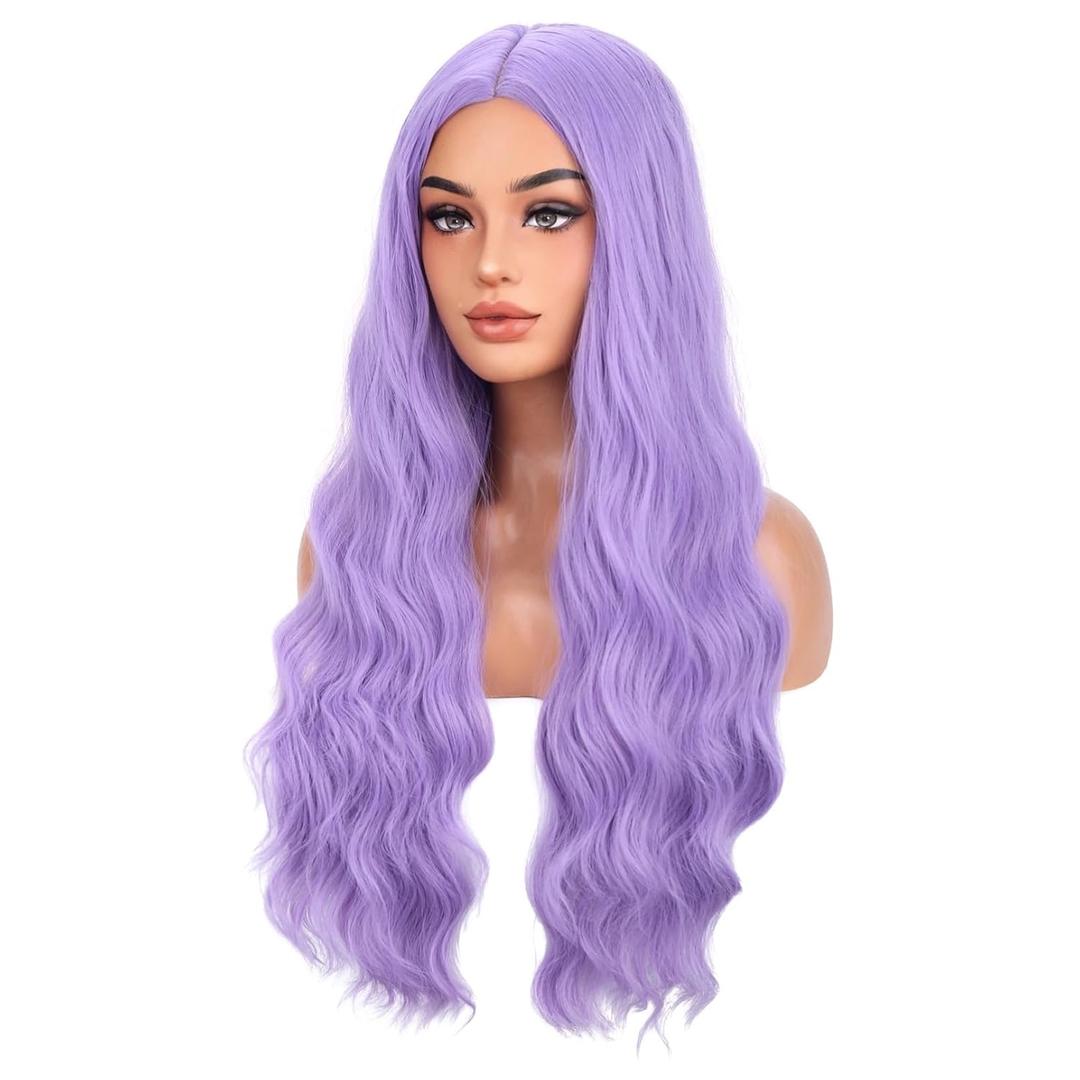 BERON Purple Long Wigs for Women Girls Wavy Colored Hair Wig Light Purple Curly Women and Girls for Daily or Cosplay Use Wigs with Wig Cap
